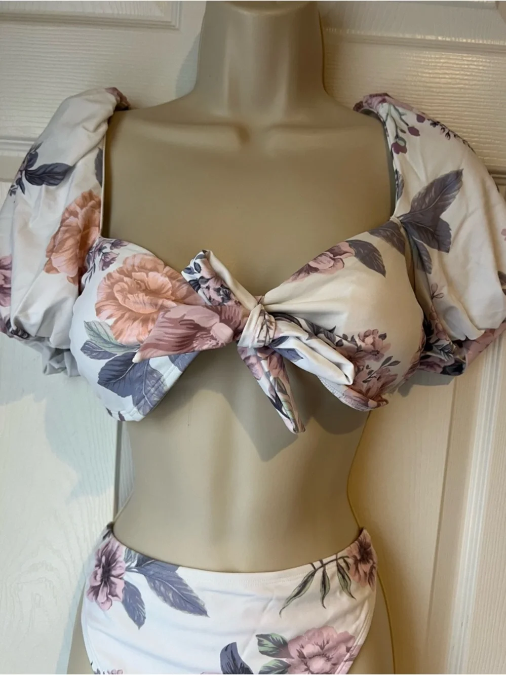 Cupshe XL Eden Floral Puff Sleeve Extra Cheeky High Waist Bikini Set NWT Swim